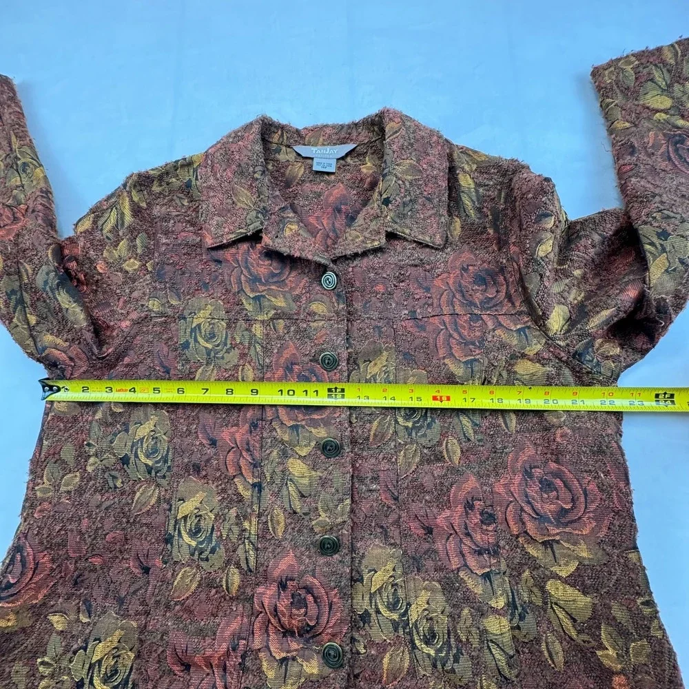 TanJay Tapestry Jacket Womens Petite 14P Brown Floral Long Sleeve Button Front